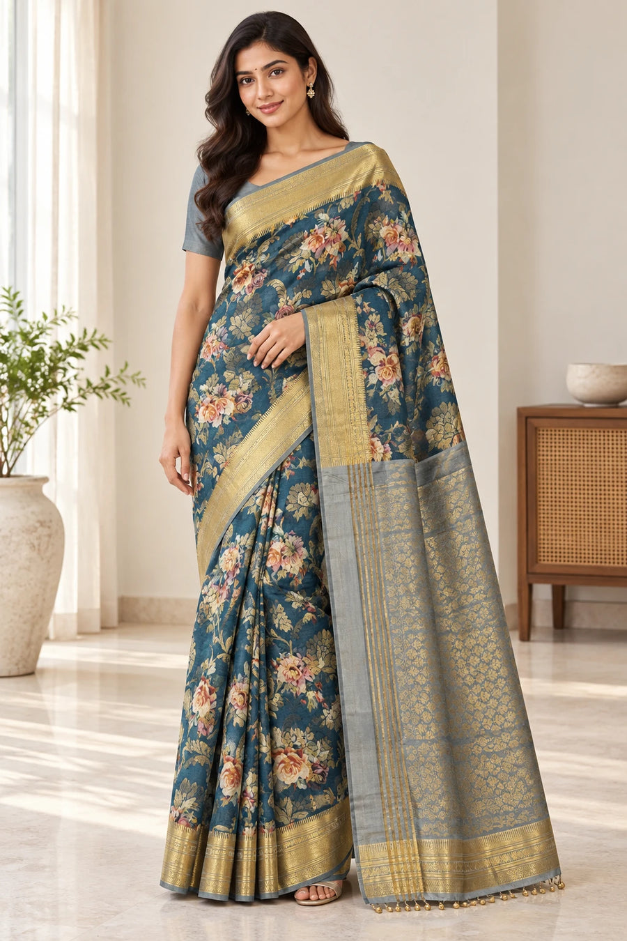 Shobha — Teal Floral Gold Border Saree