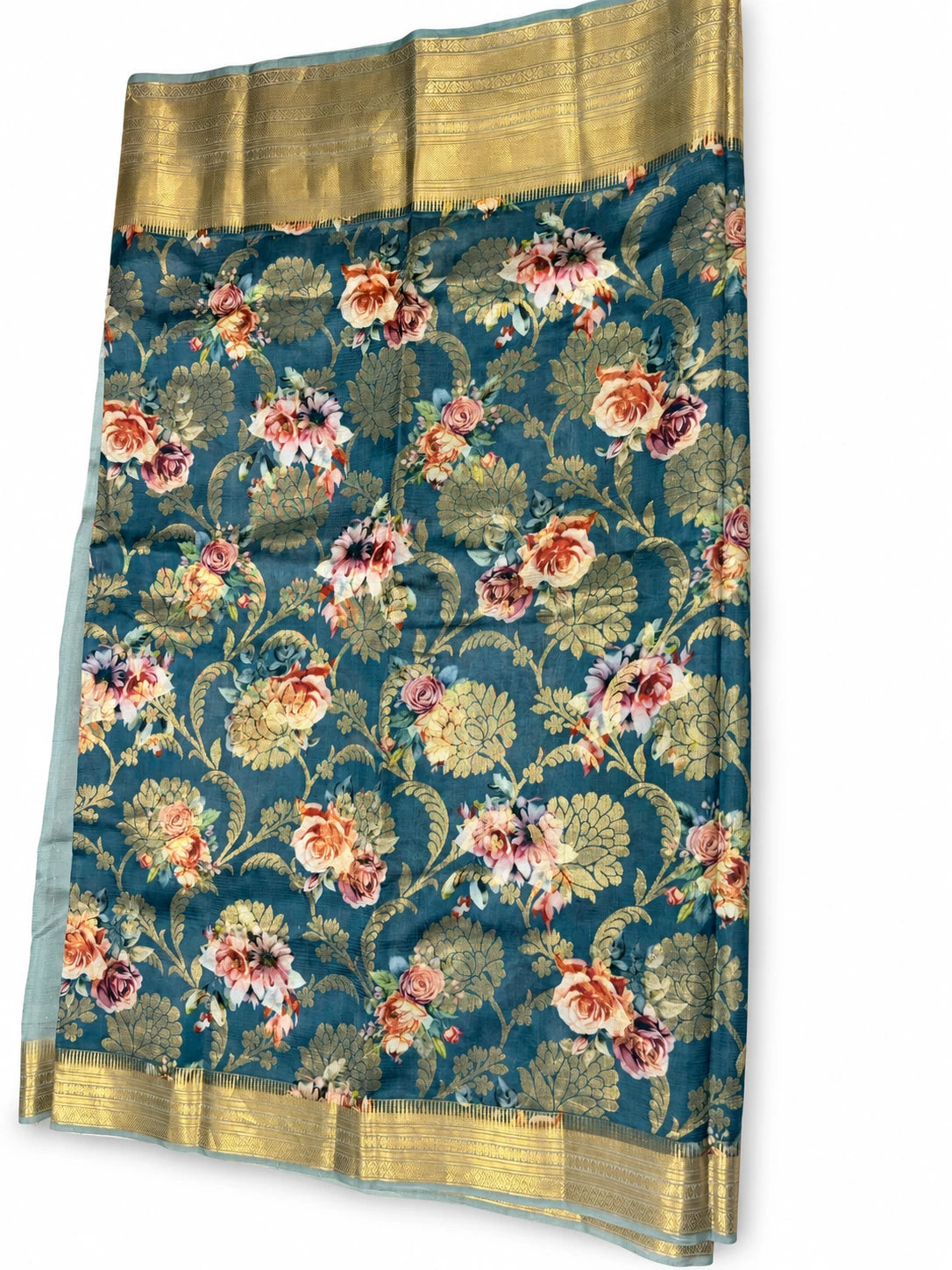 Shobha — Teal Floral Gold Border Saree, retouched garment view 1 on a clean background