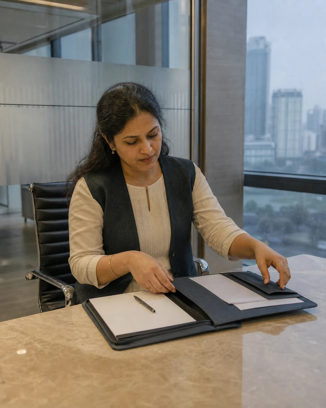 Indian woman consultant arranging notes in a meeting folio before a presentation