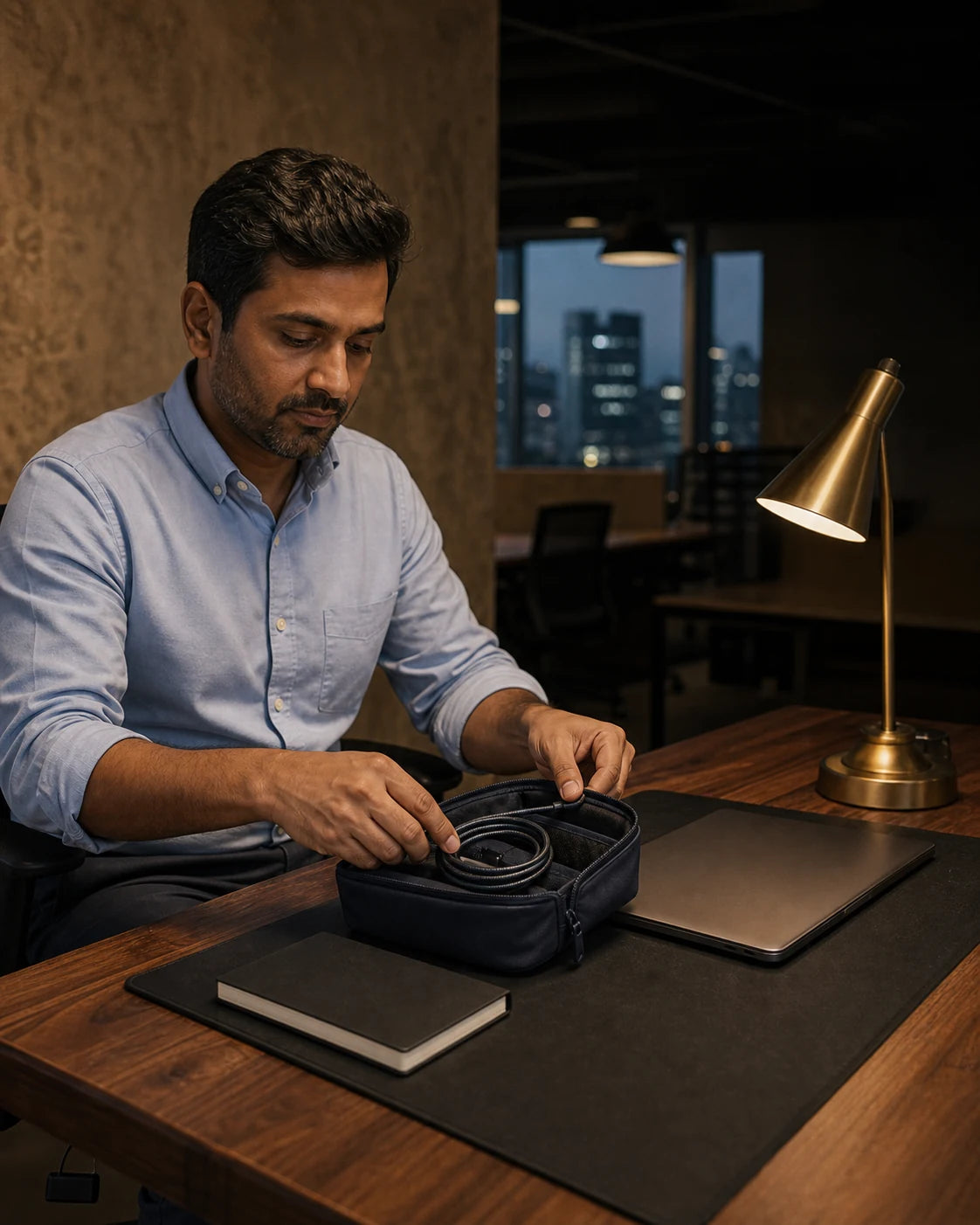 Indian professional organising a cable into a compact tech pouch at a coworking desk