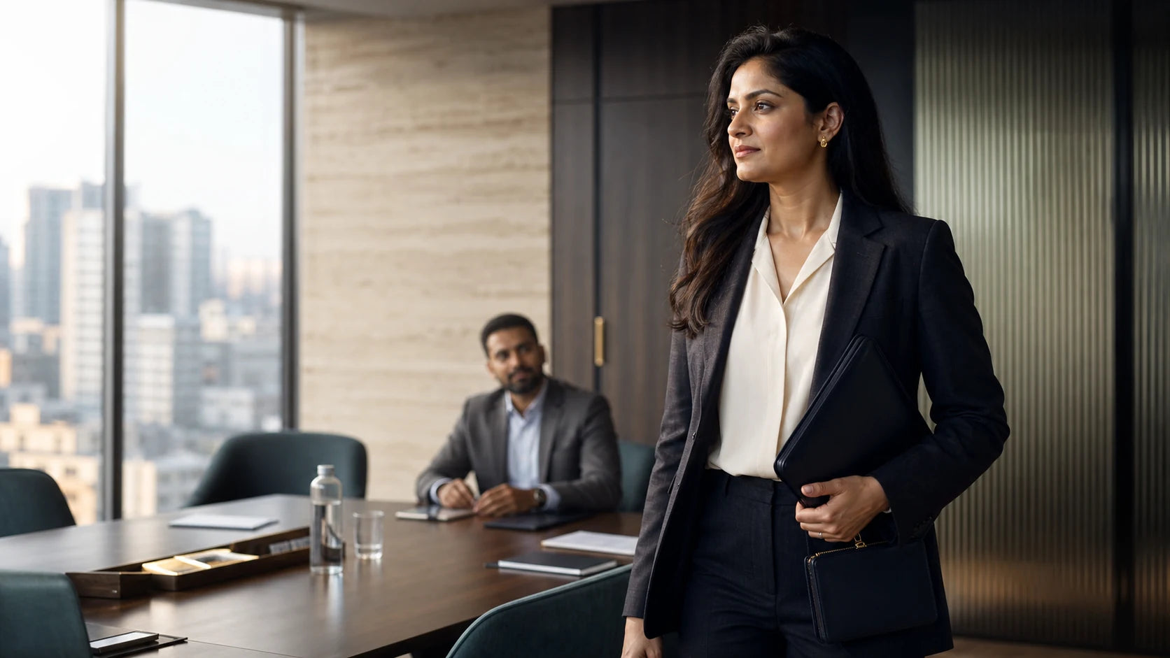 Indian woman executive arriving prepared for a client meeting with a slim work folio