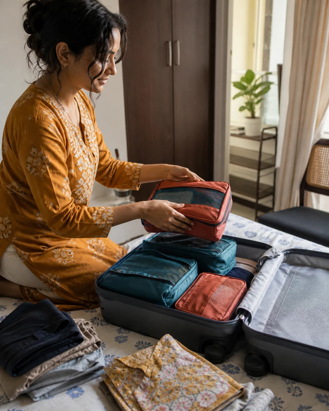 Indian traveller packing organised cubes on a bed before a trip