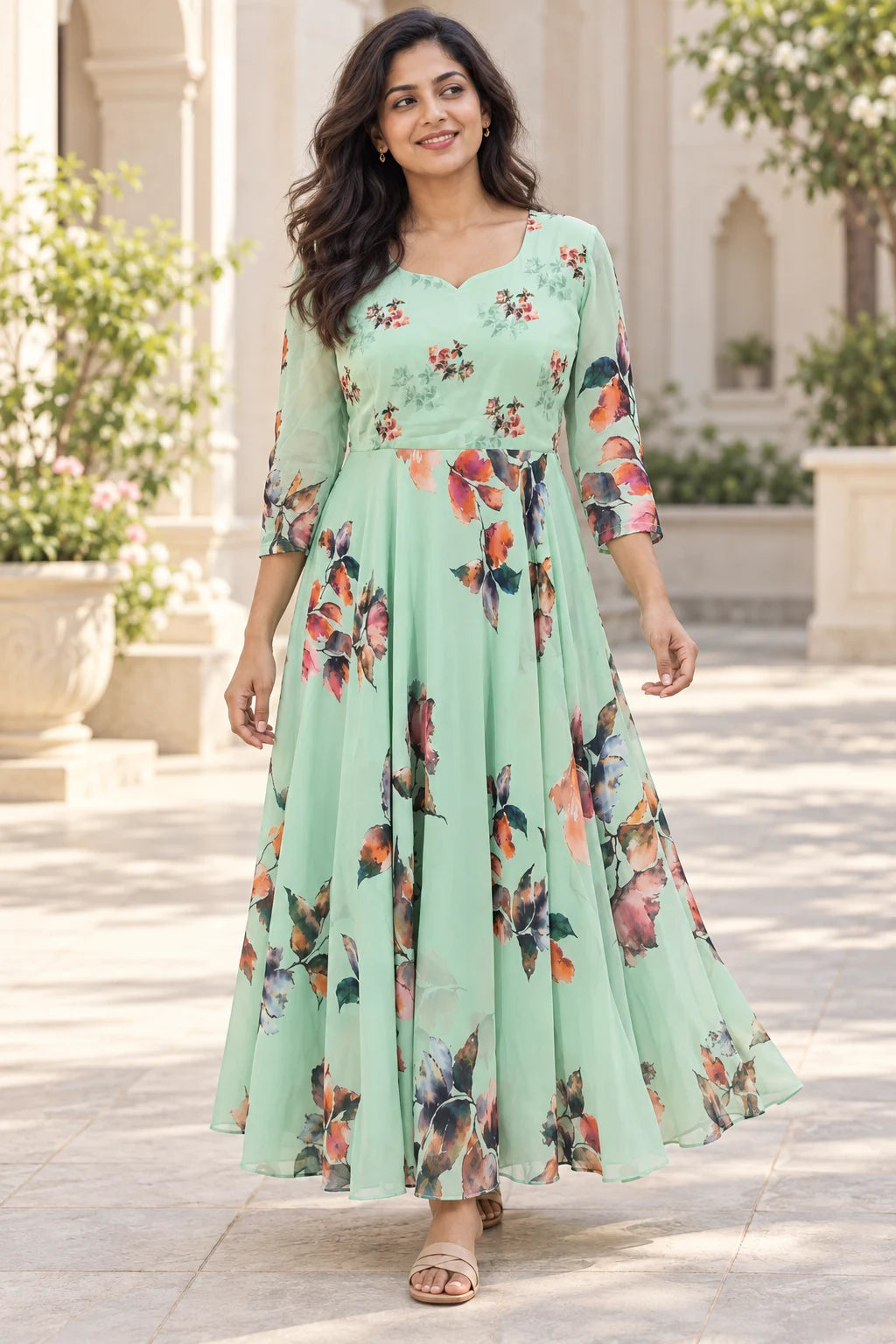 Digital styling view of the mint floral frock on an adult Indian woman