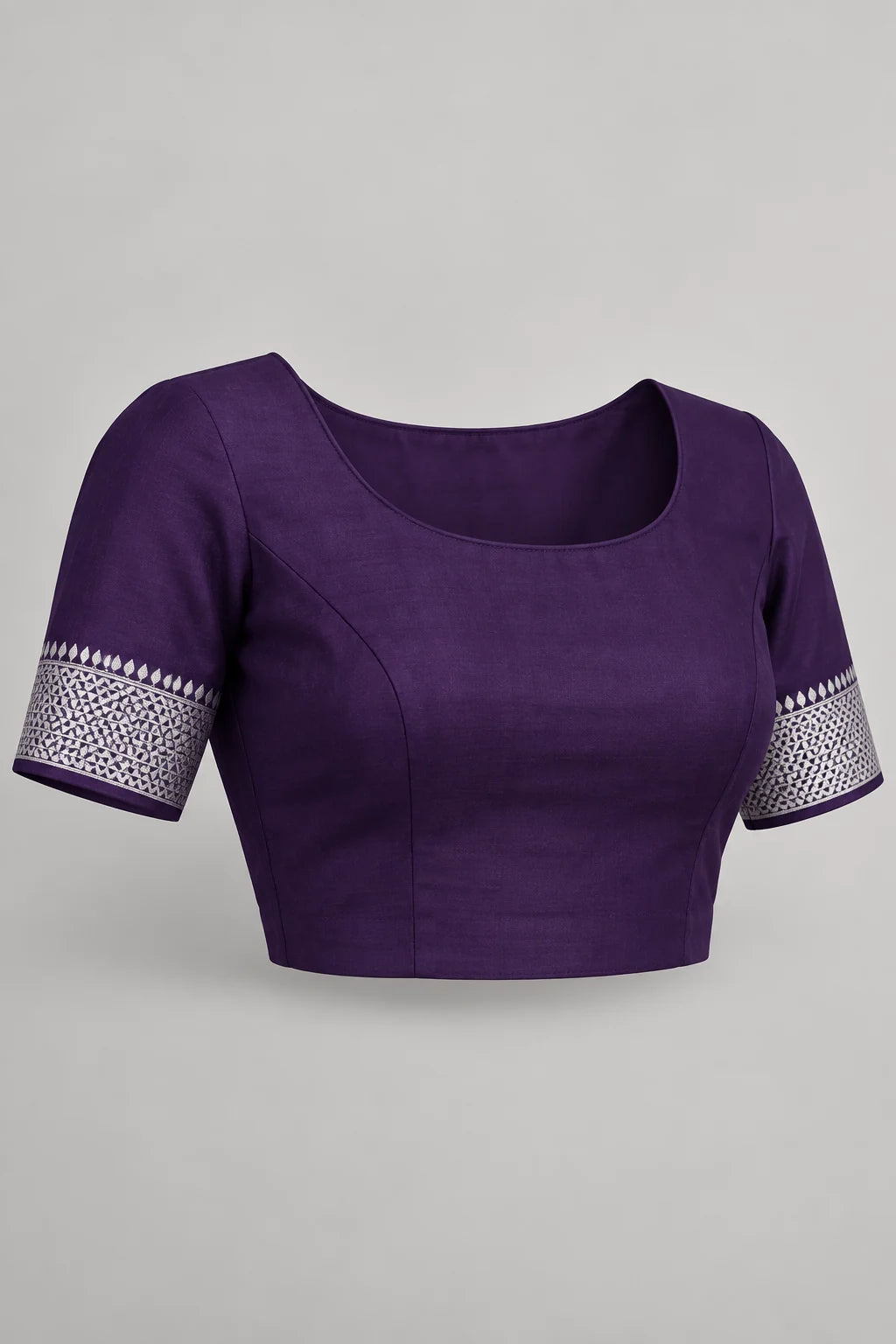 Suggested plain plum stitched blouse with silver sleeve borders, a digitally created styling concept only