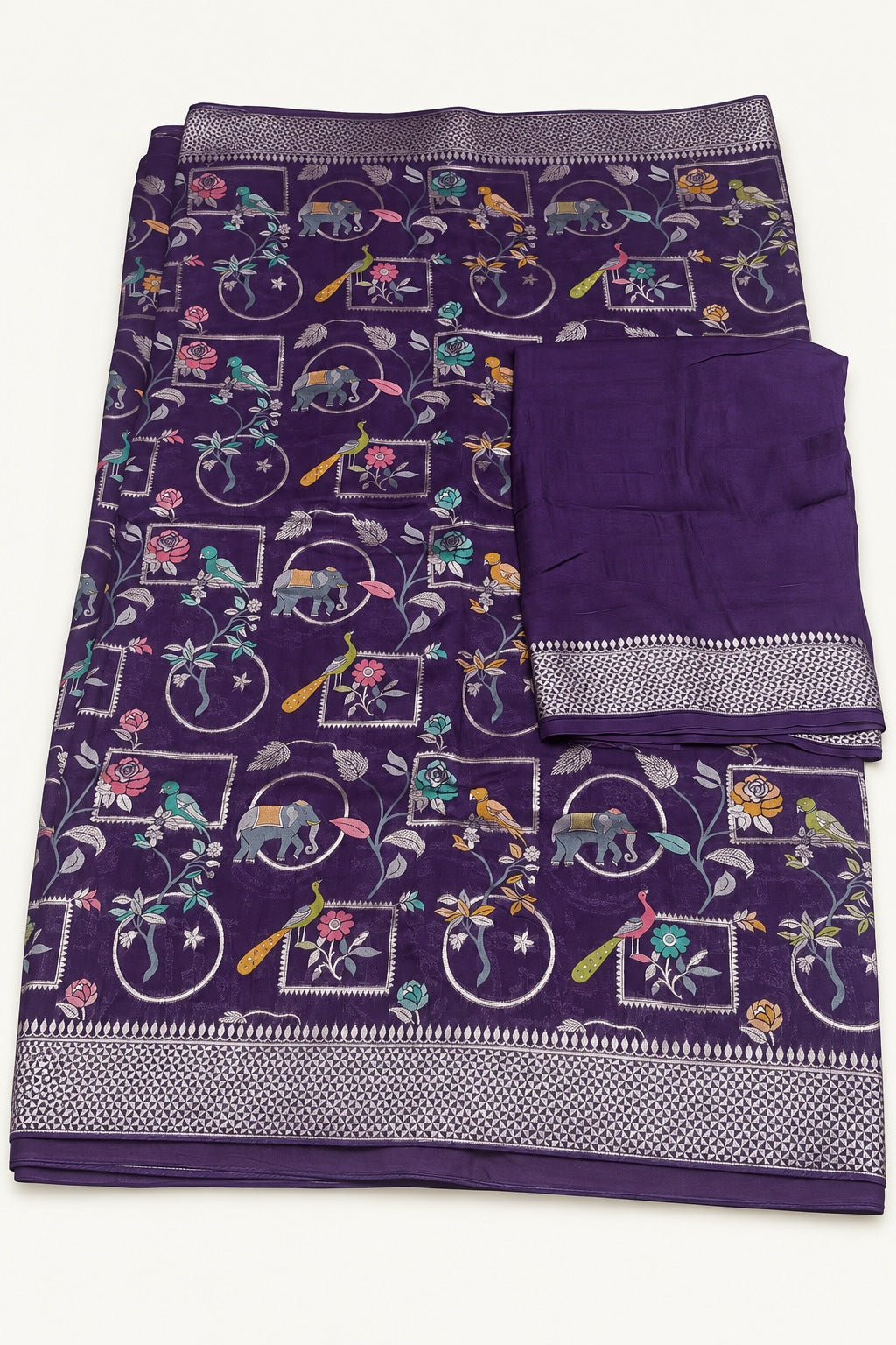 Background-retouched product photograph showing the plum saree body and coordinating fabric