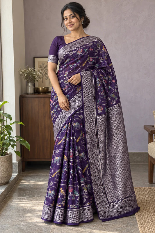 Digital styling view of the plum motif saree with a suggested blouse on an adult Indian model