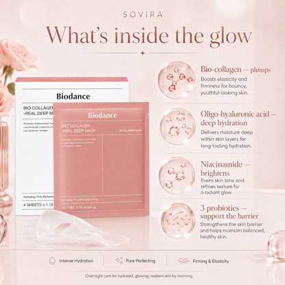 What's inside the glow: bio-collagen, oligo-hyaluronic acid, niacinamide and 3 probiotics