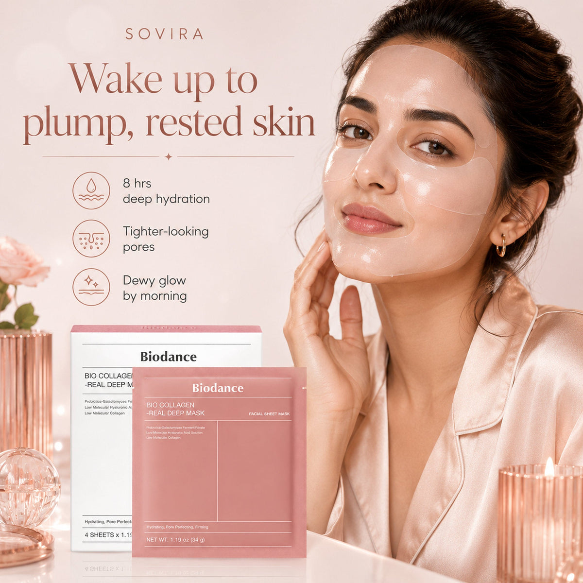 Model wearing the hydrogel mask: wake up to plump, rested skin, 8 hrs deep hydration, tighter-looking pores, dewy glow by morning