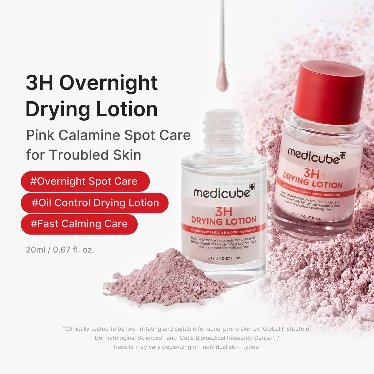 Open bottle with a cotton bud dipped in the pink layer