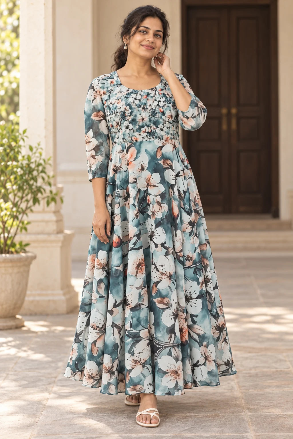 Digital styling view of the teal floral frock on an adult Indian woman
