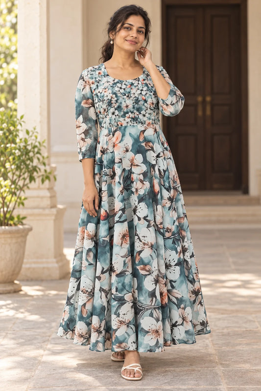 Digital styling view of the teal floral frock on an adult Indian woman