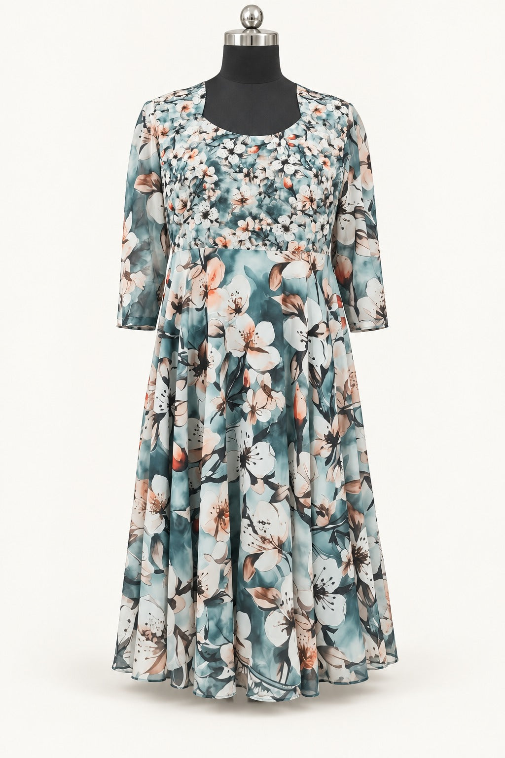 Background-retouched product photograph of the teal frock with white blossoms, round neckline and three-quarter sleeves