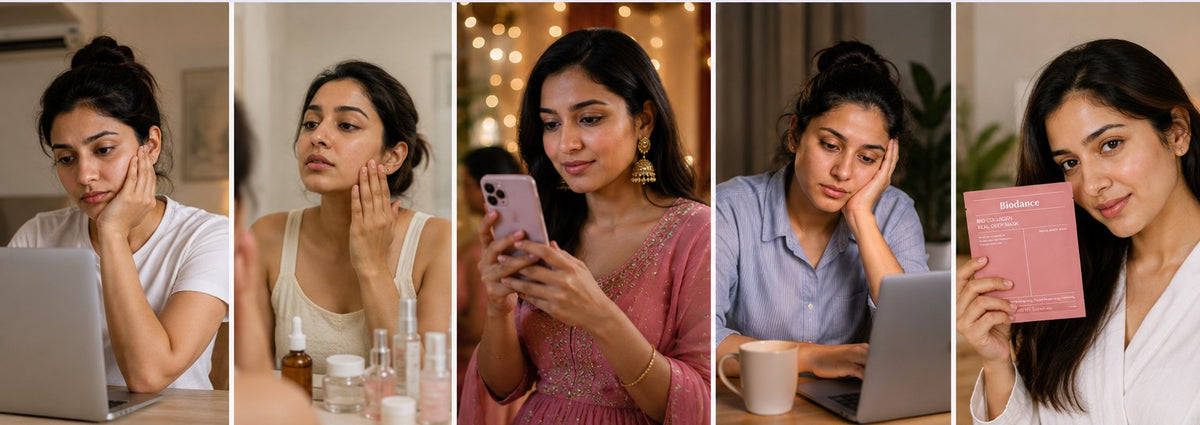 Five everyday moments: tired skin at a laptop, checking skin in the mirror, getting ready for a festive evening, a late night at work, and holding the Bio-Collagen Real Deep Mask packet