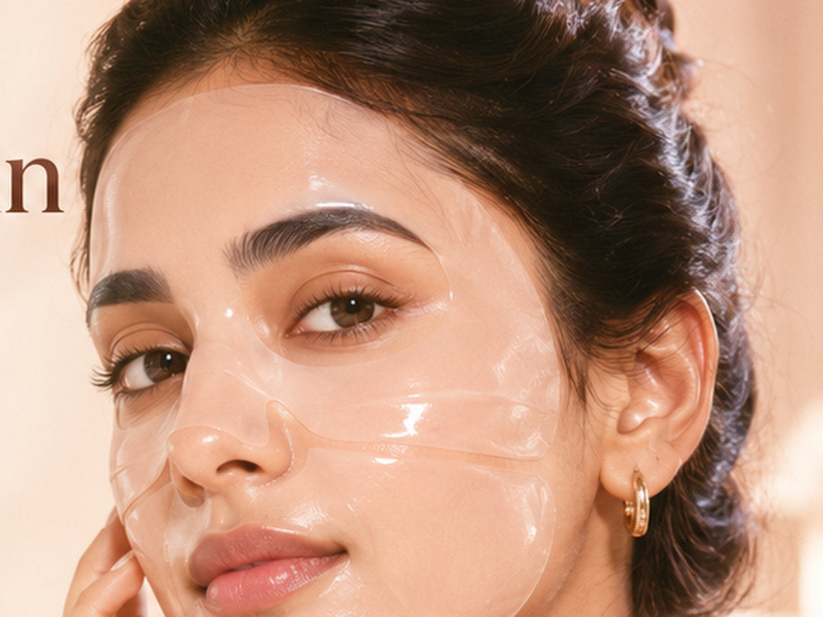 Woman wearing the transparent Bio-Collagen hydrogel mask