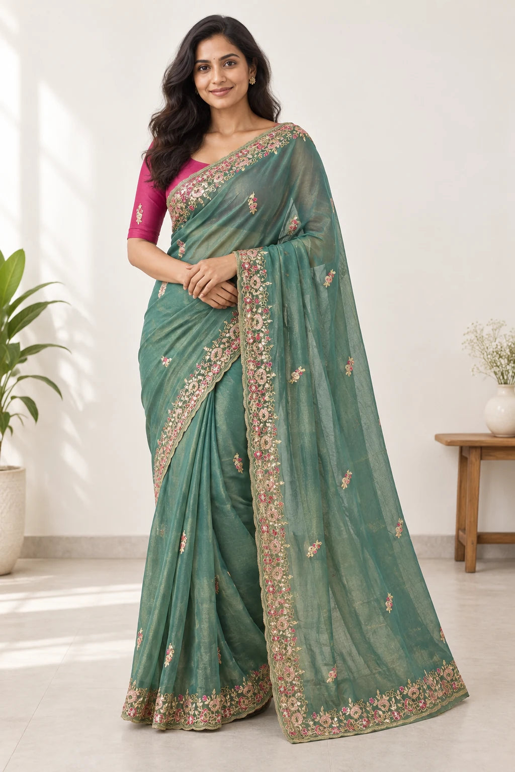 Aarna — Teal Floral Border Saree, styled drape on a model