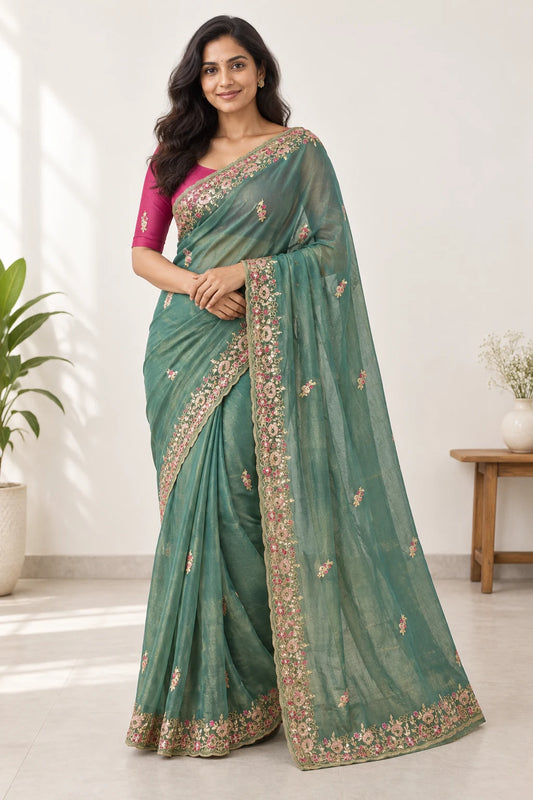 Aarna — Teal Floral Border Saree, styled drape on a model