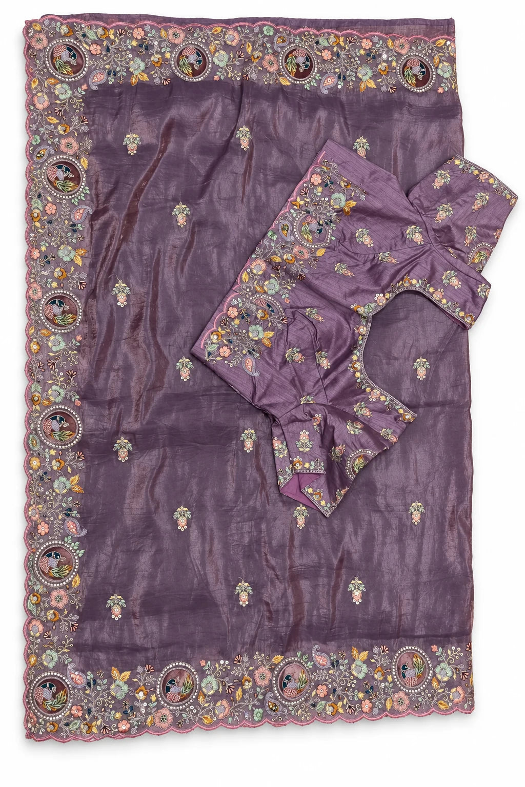 Charvi — Mauve Peacock Border Saree, garment and border details on a clean background