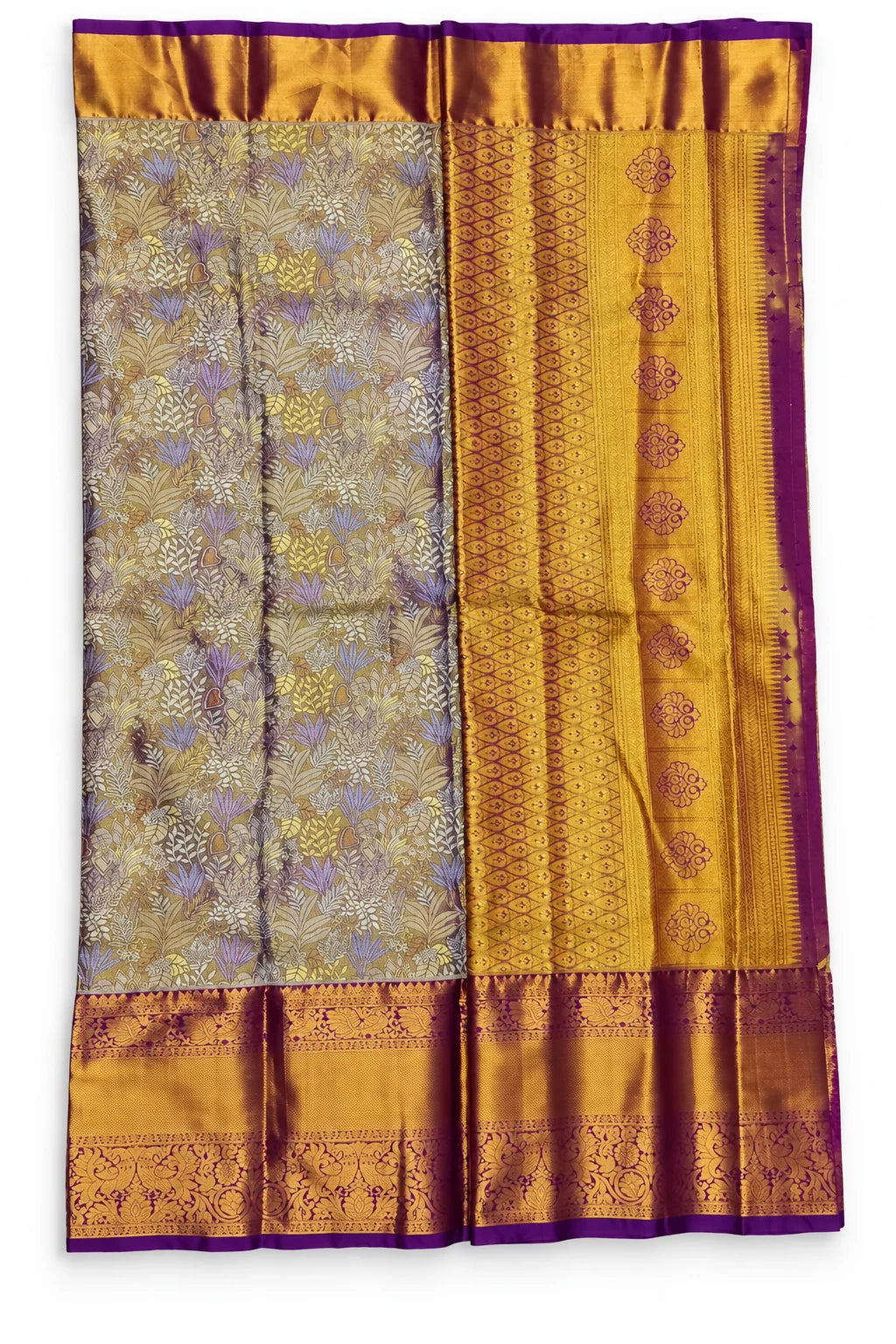 Devika — Plum Gold Botanical Saree, garment and border details on a clean background