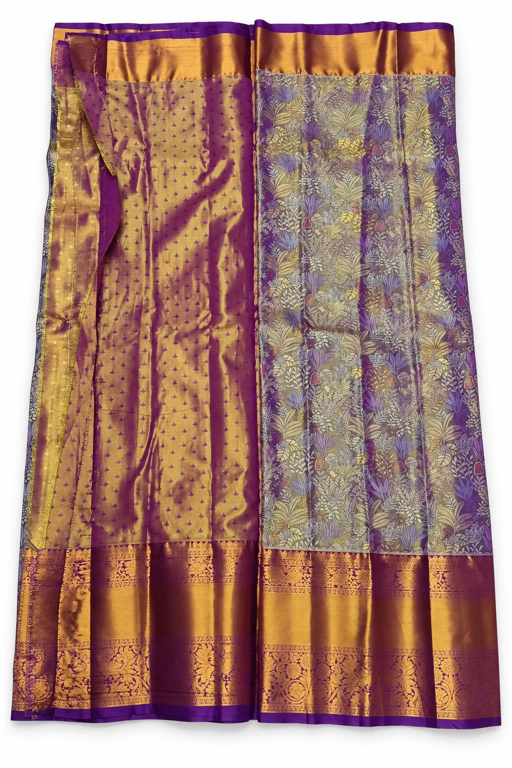 Devika — Plum Gold Botanical Saree, garment and border details on a clean background