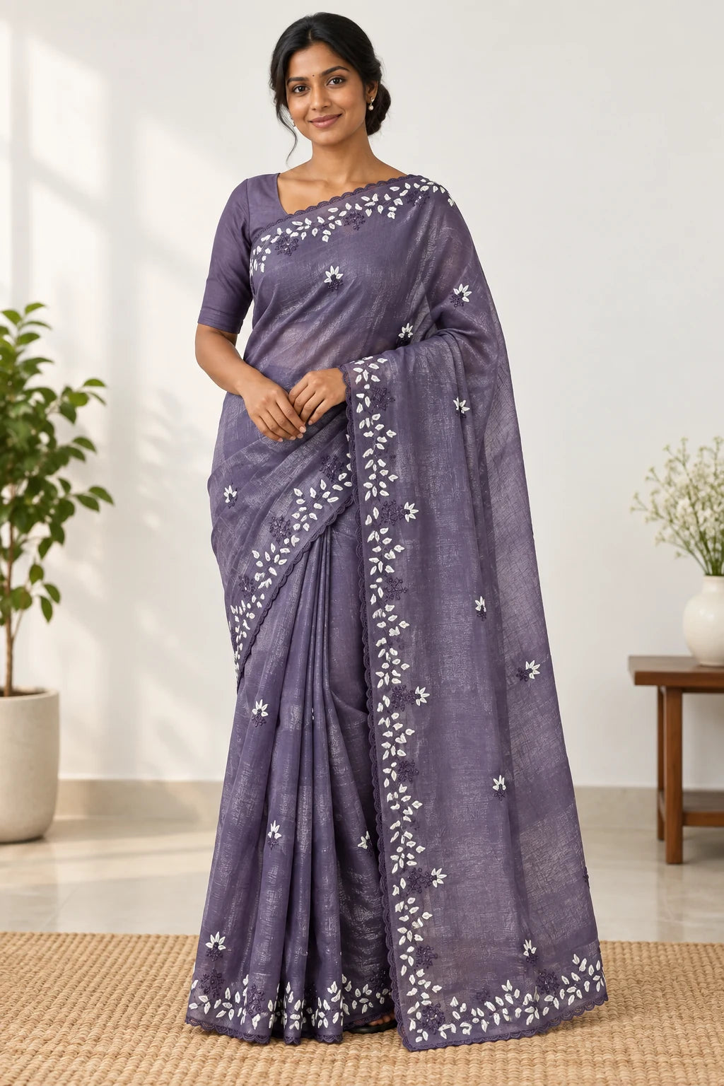Ishani — Violet Leaf Border Saree, styled drape on a model