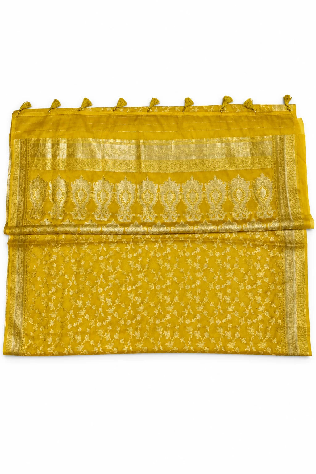 Kanika — Mustard Gold Saree, garment and border details on a clean background