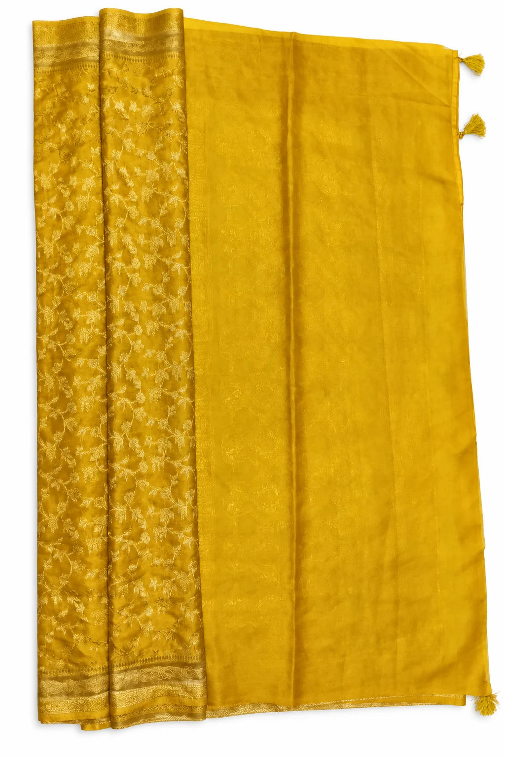 Kanika — Mustard Gold Saree, garment and border details on a clean background