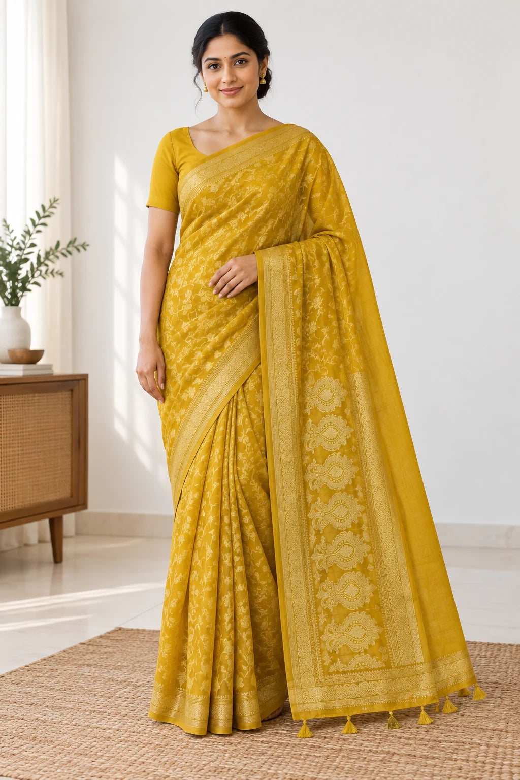 Kanika — Mustard Gold Saree, styled drape on a model
