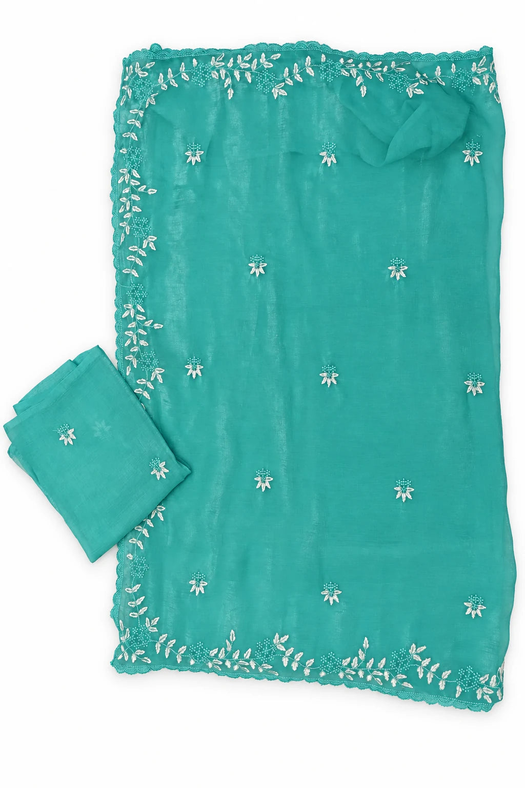Naira — Aqua Leaf Border Saree, garment and border details on a clean background