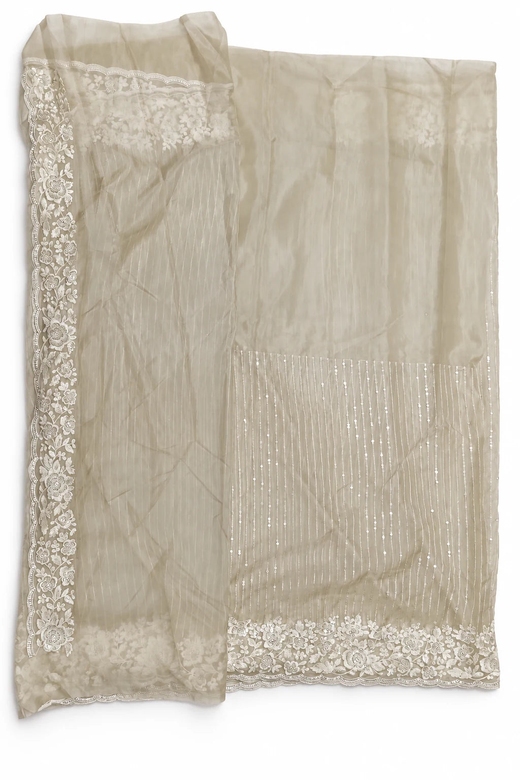 Noor — Pearl Floral Stripe Saree, garment and border details on a clean background