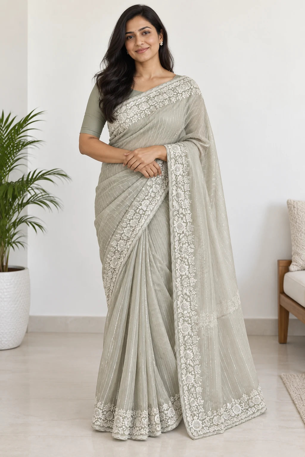 Noor — Pearl Floral Stripe Saree, styled drape on a model
