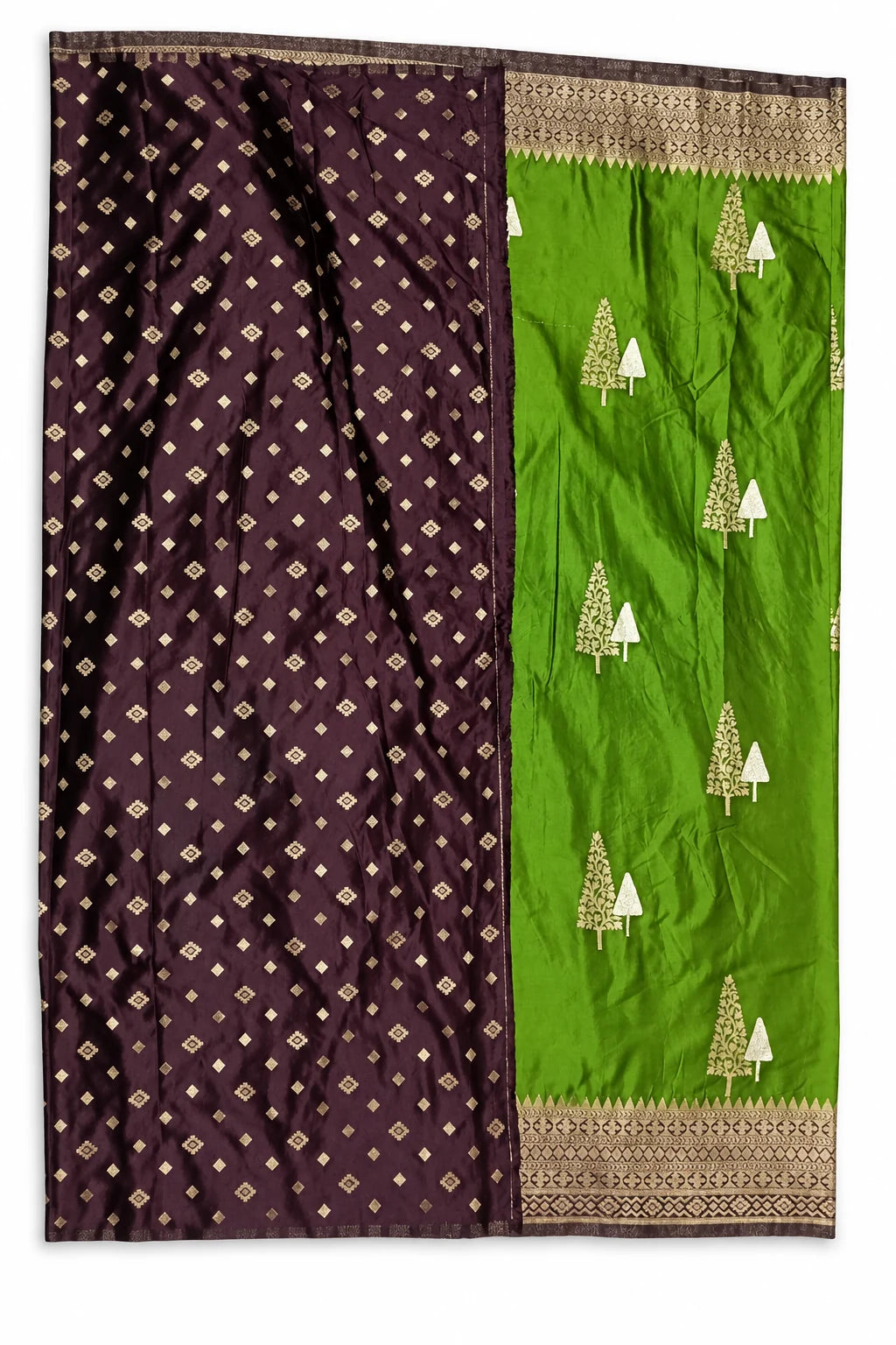 Vanya — Green & Plum Saree, garment and border details on a clean background
