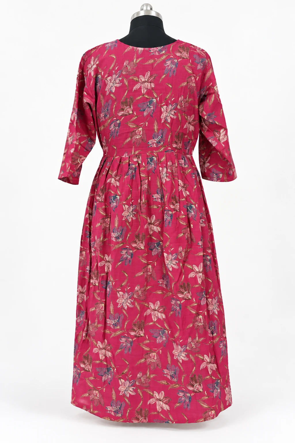 Aarohi — Raspberry Floral Button Front Dress, retouched back view on a clean background