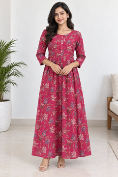 Aarohi — Raspberry Floral Button Front Dress, model-worn styling photograph