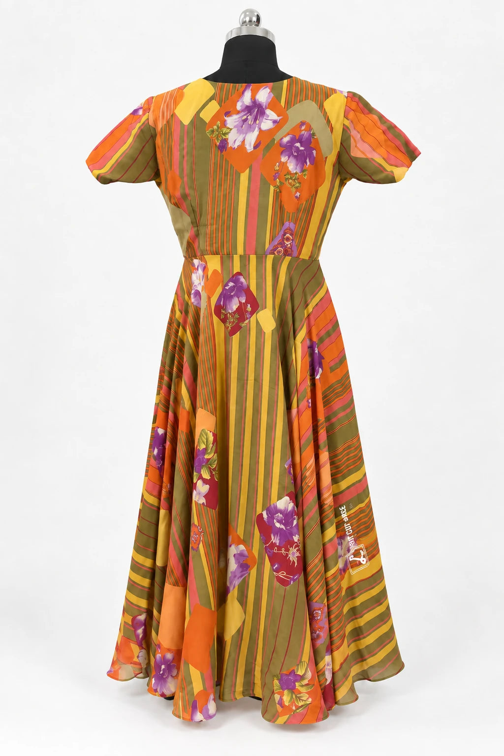 Anshika — Orange Striped Floral Dress, retouched back view on a clean background