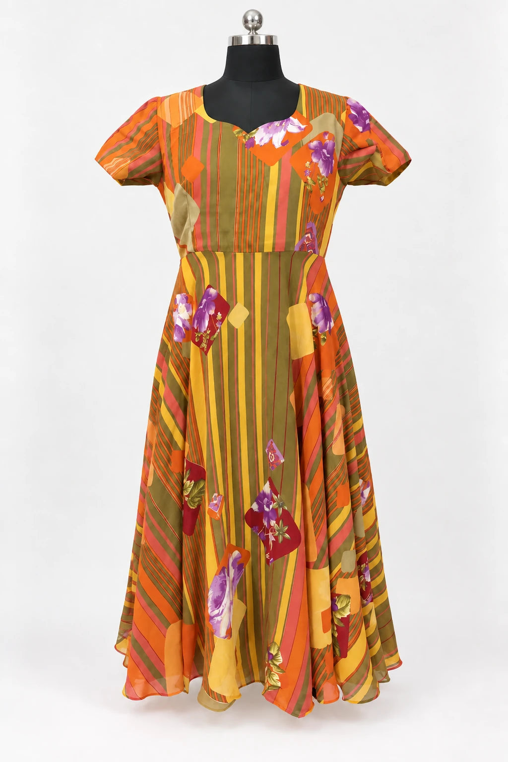 Anshika — Orange Striped Floral Dress, retouched front view on a clean background