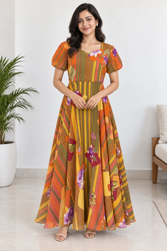 Anshika — Orange Striped Floral Dress, model-worn styling photograph
