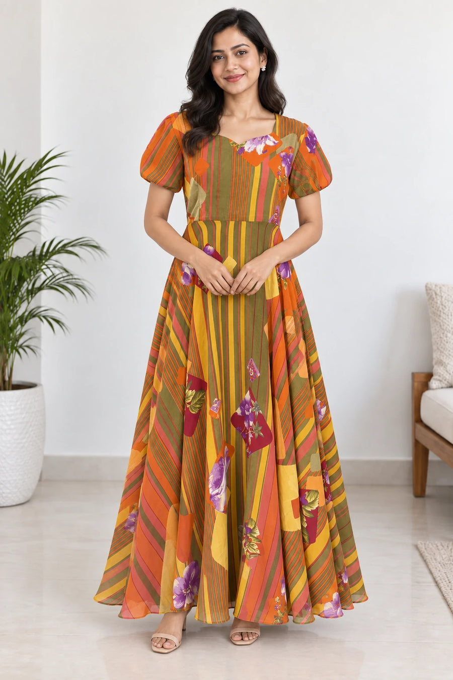 Anshika — Orange Striped Floral Dress