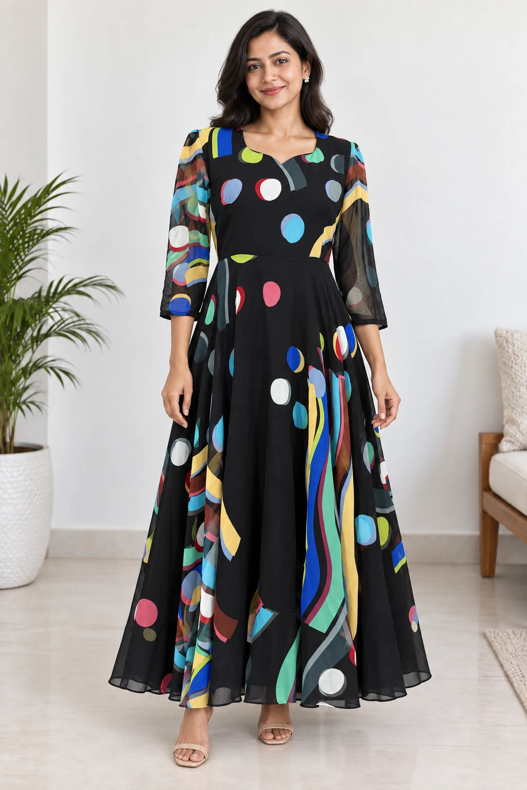 Anvi — Black Colour Dot Dress, model-worn styling photograph