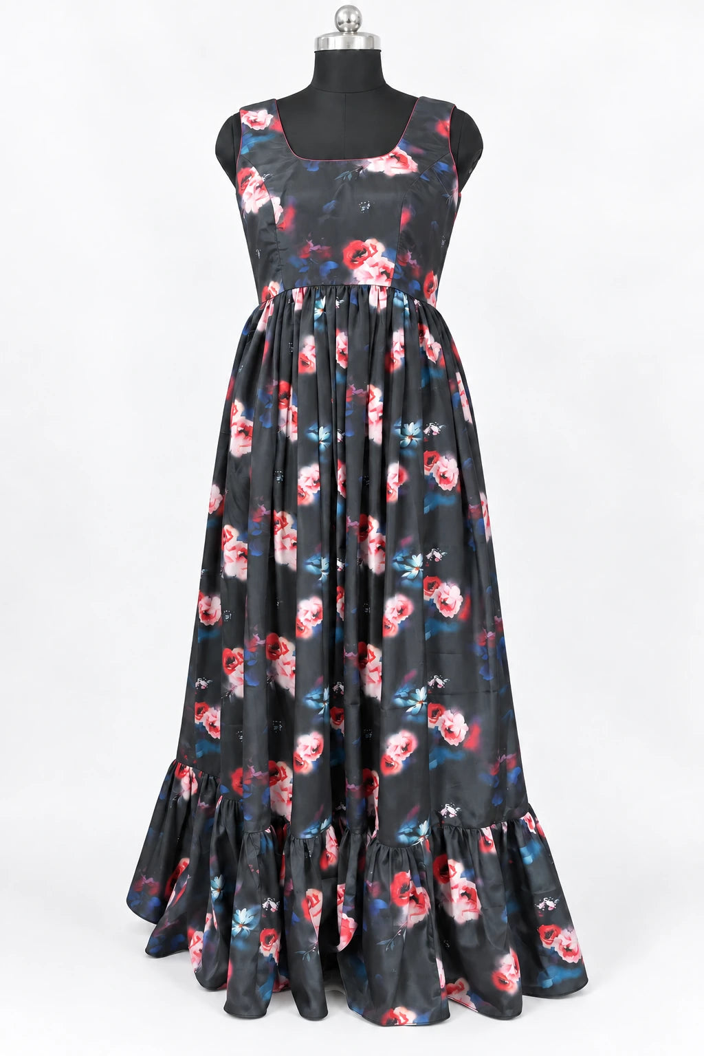 Anvitha — Charcoal Rose Sleeveless Dress, retouched front view on a clean background