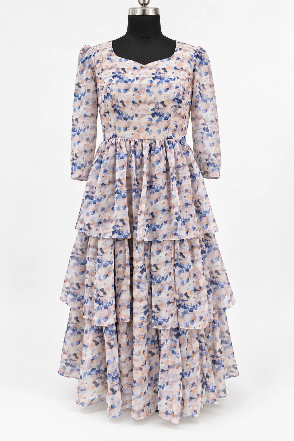 Aradhya — Blush Wildflower Tiered Dress, retouched front view on a clean background