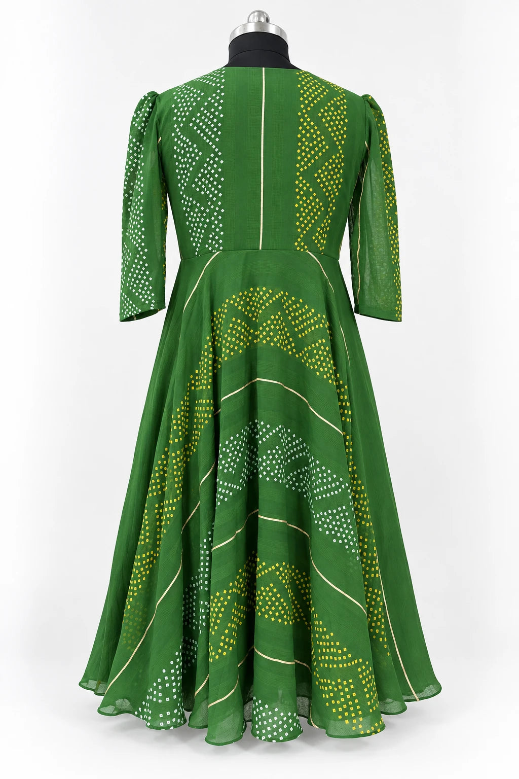 Harini — Leaf Green Dotted Dress, retouched back view on a clean background