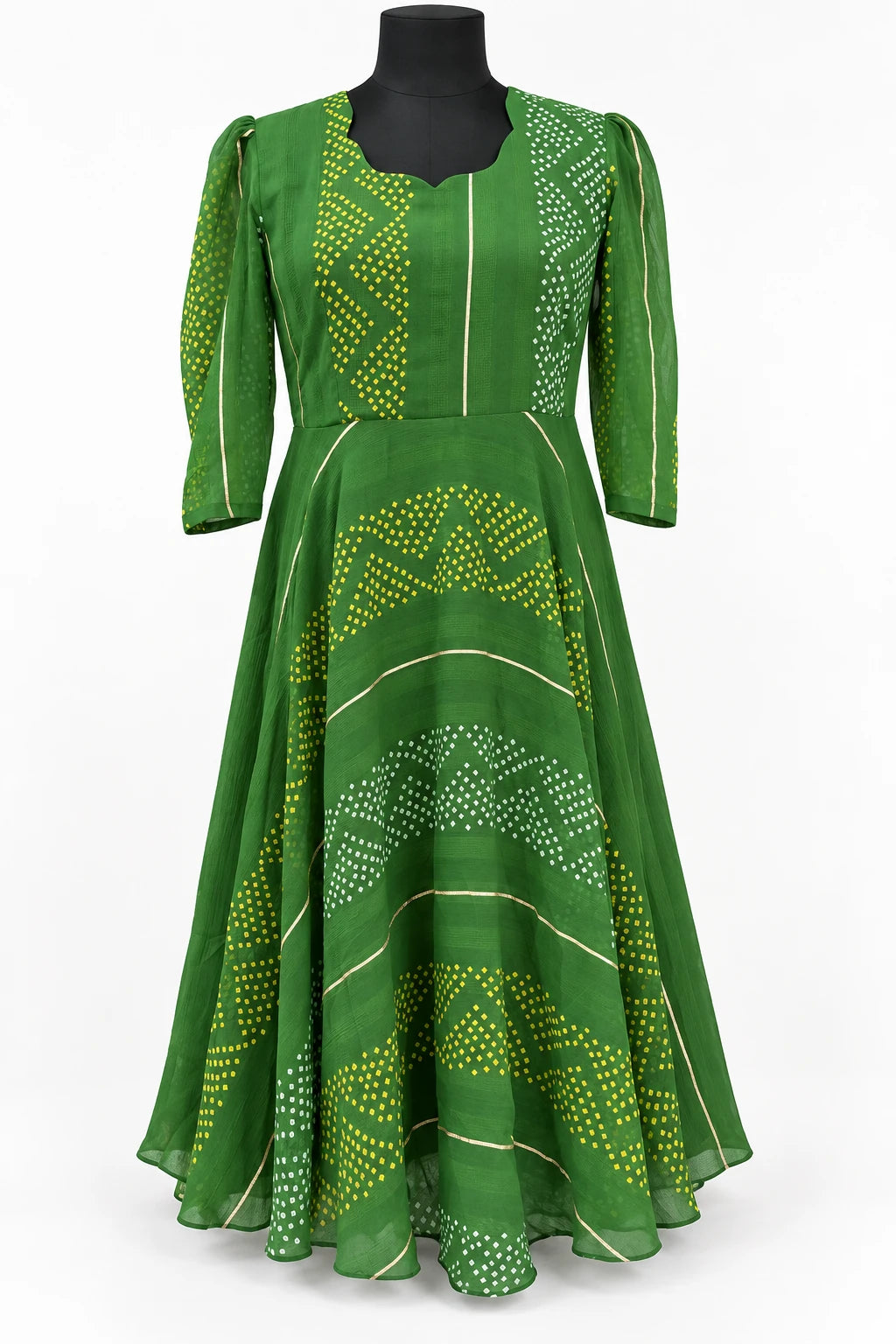 Harini — Leaf Green Dotted Dress, retouched front view on a clean background