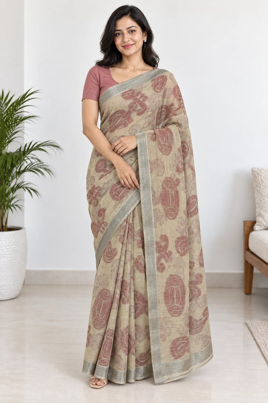 Kashvi — Sage Rose Instrument Motif Saree, model-worn styling photograph