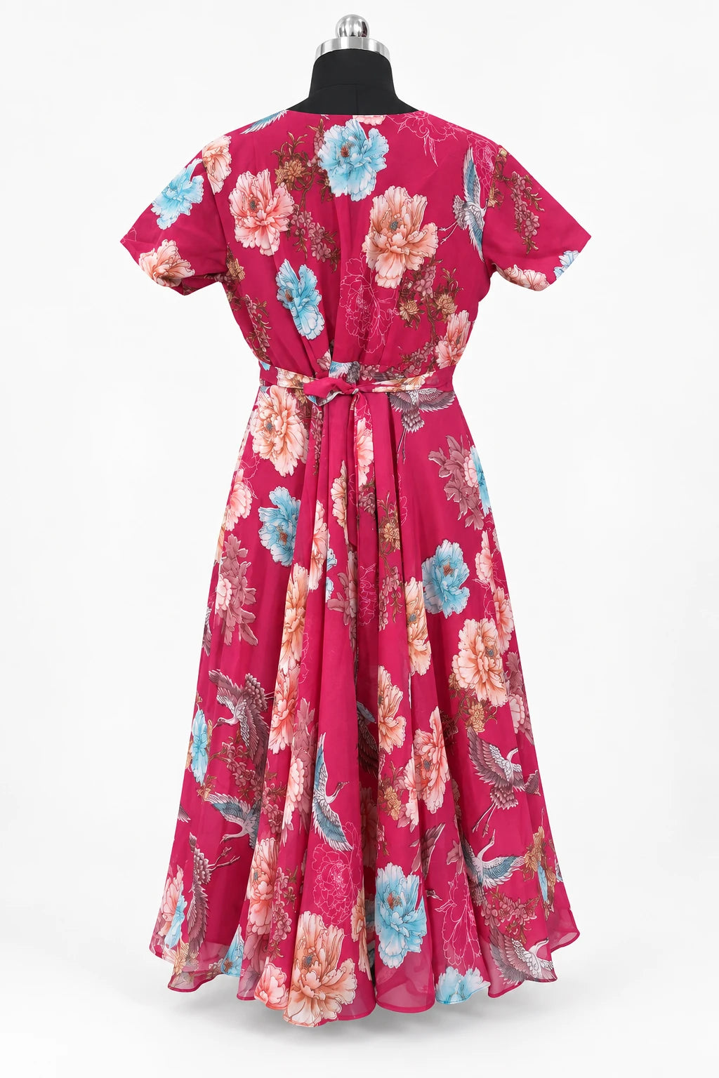 Keya — Raspberry Garden Tie Back Dress, retouched back view on a clean background