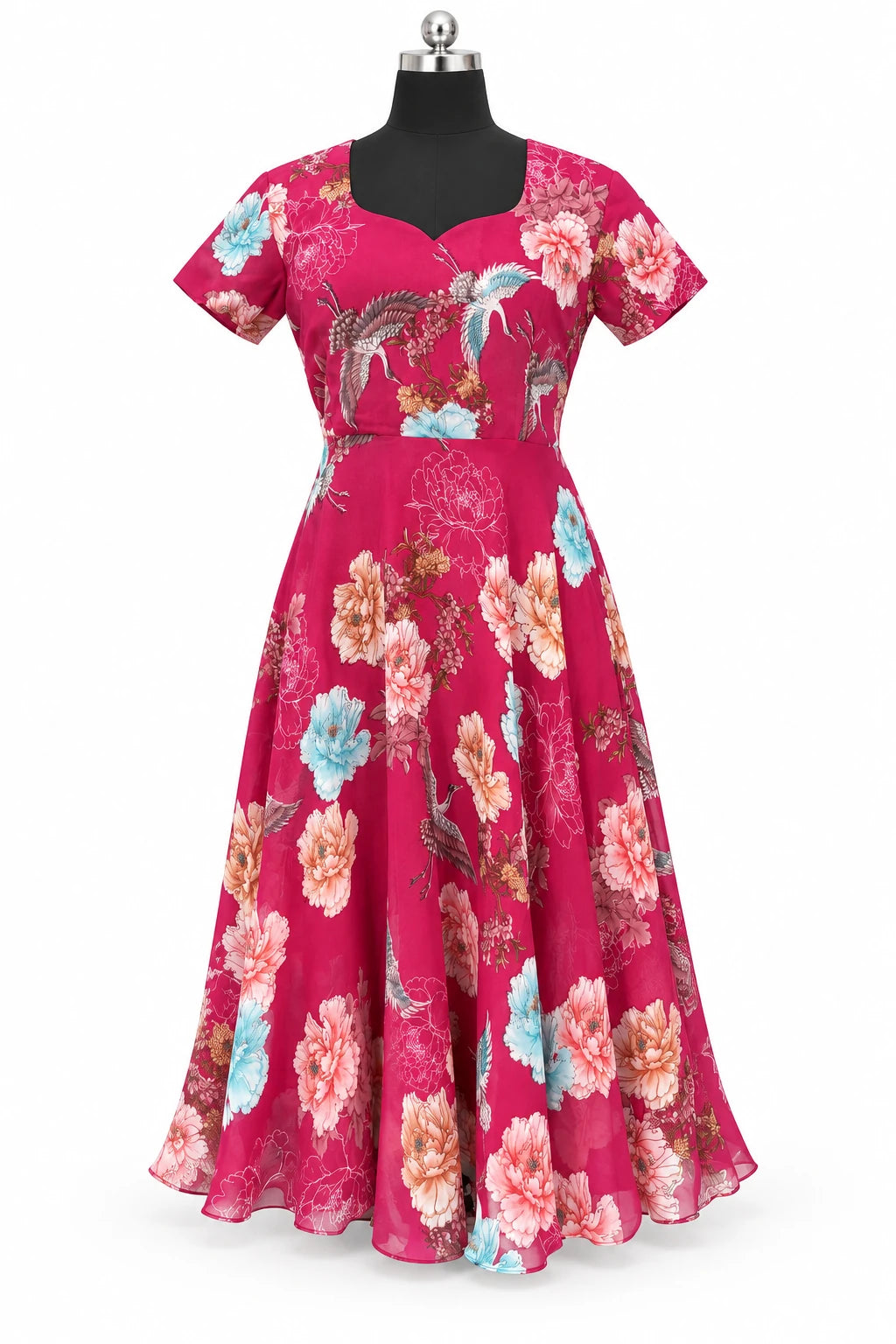Keya — Raspberry Garden Tie Back Dress, retouched front view on a clean background