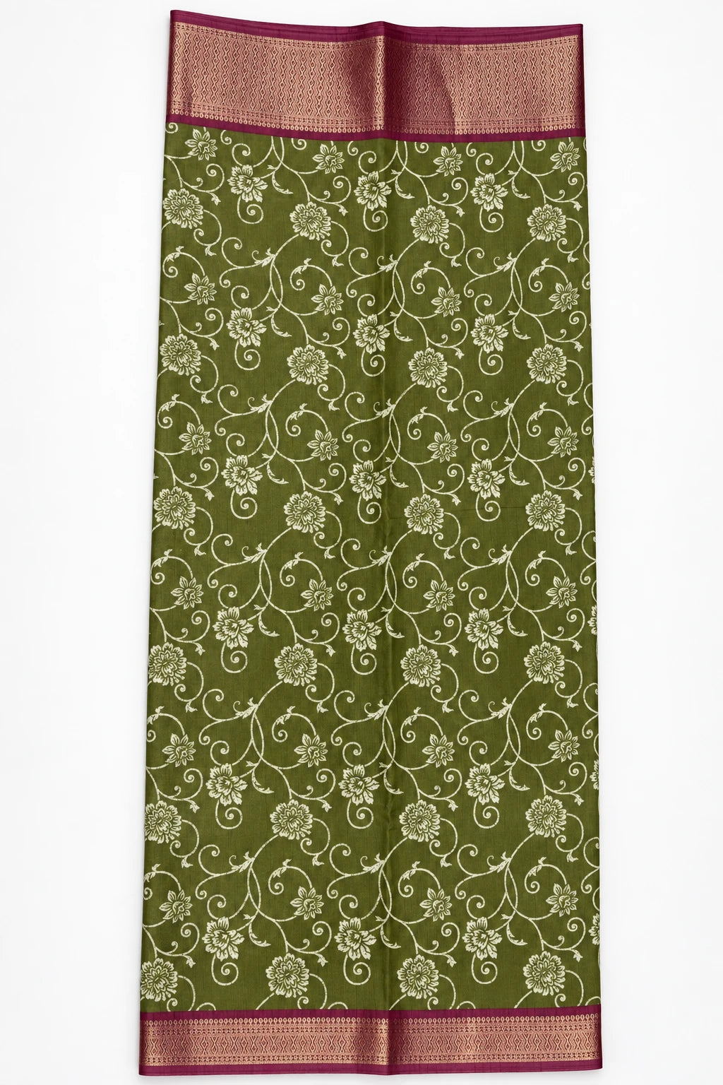 Malvika — Olive Wine Vine Saree, retouched body & border on a clean background