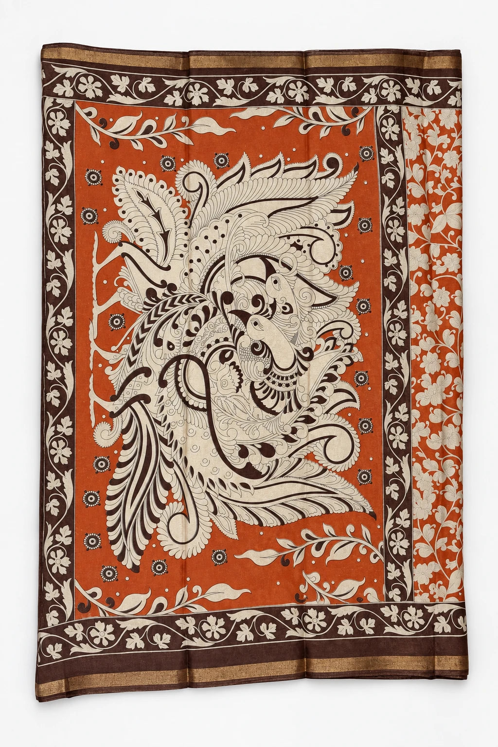 Mrinal — Terracotta Folk Motif Saree, retouched pallu & border on a clean background