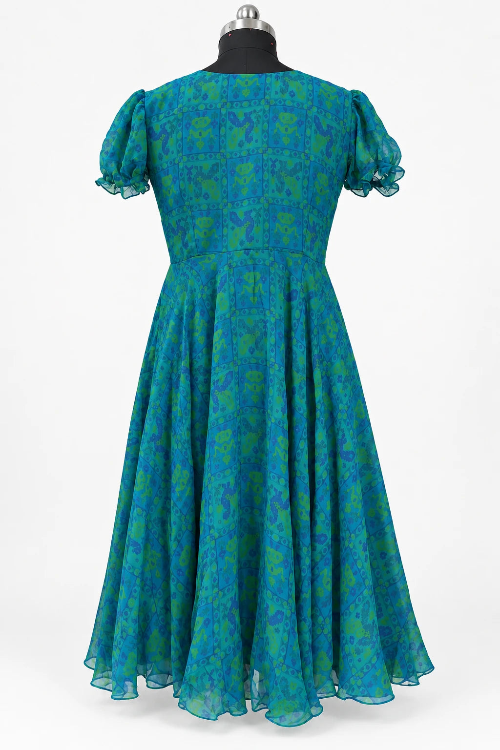 Neera — Teal Floral Puff Sleeve Dress, retouched back view on a clean background