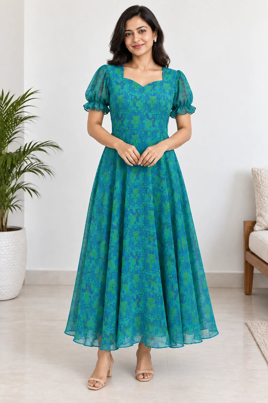 Neera — Teal Floral Puff Sleeve Dress