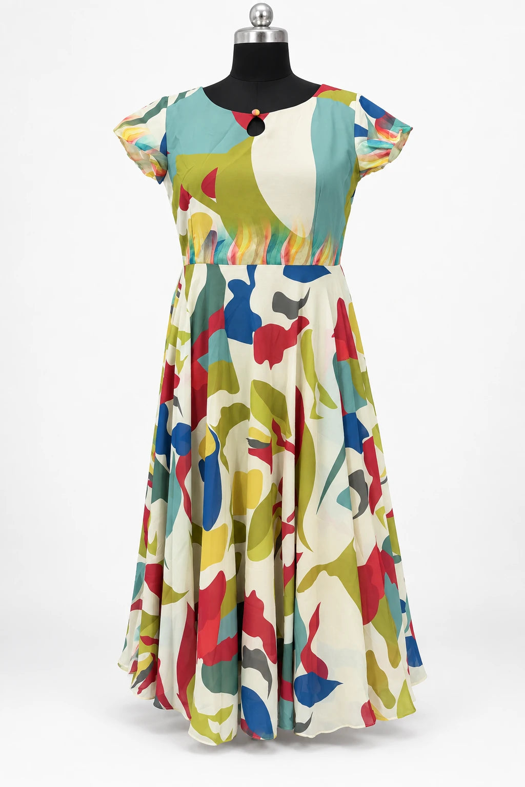 Prachi — Ivory Abstract Keyhole Dress, retouched front view on a clean background